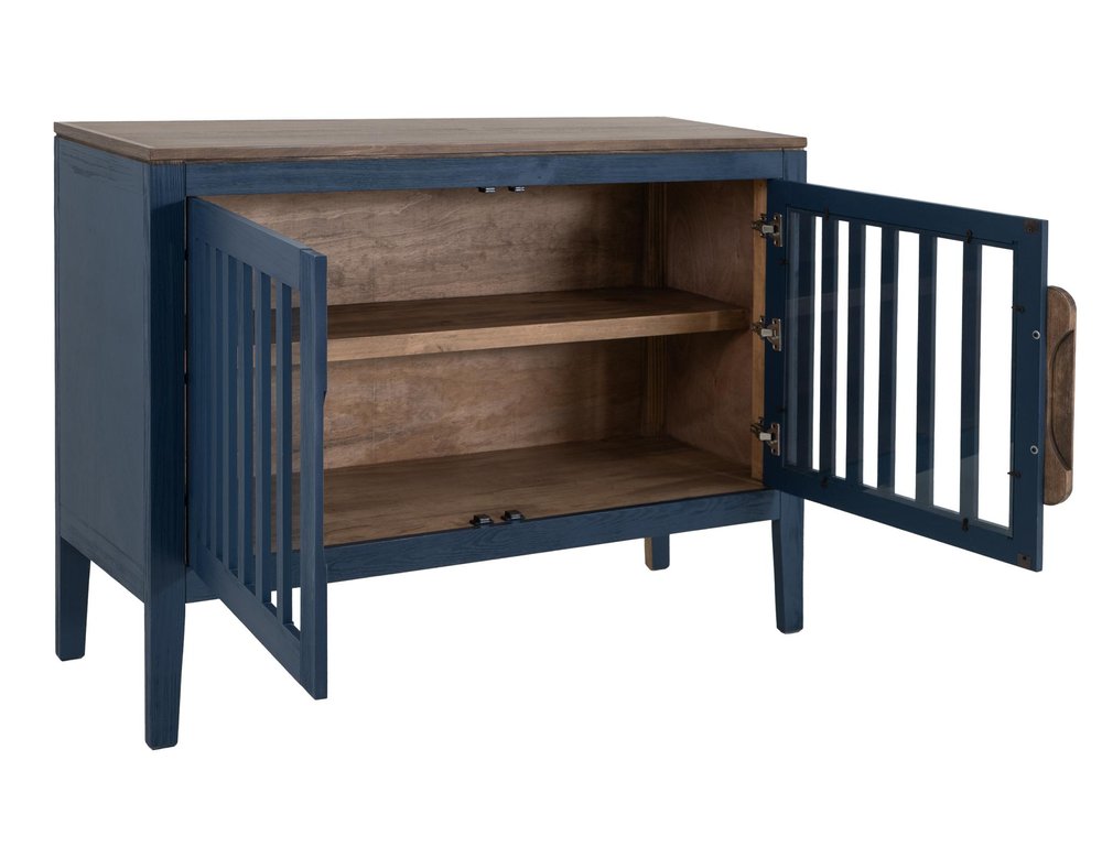 54" Blue And Brown Distressed Wood Sideboard With Two Glass Doors HomeRoots
