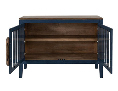 54" Blue And Brown Distressed Wood Sideboard With Two Glass Doors HomeRoots