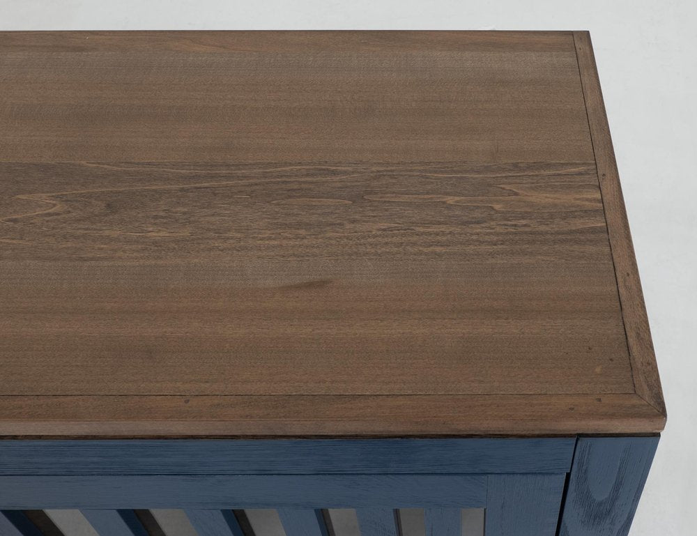 54" Blue And Brown Distressed Wood Sideboard With Two Glass Doors HomeRoots