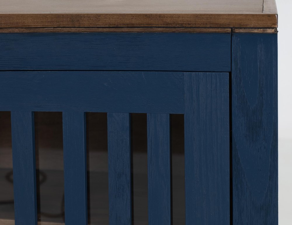 54" Blue And Brown Distressed Wood Sideboard With Two Glass Doors HomeRoots