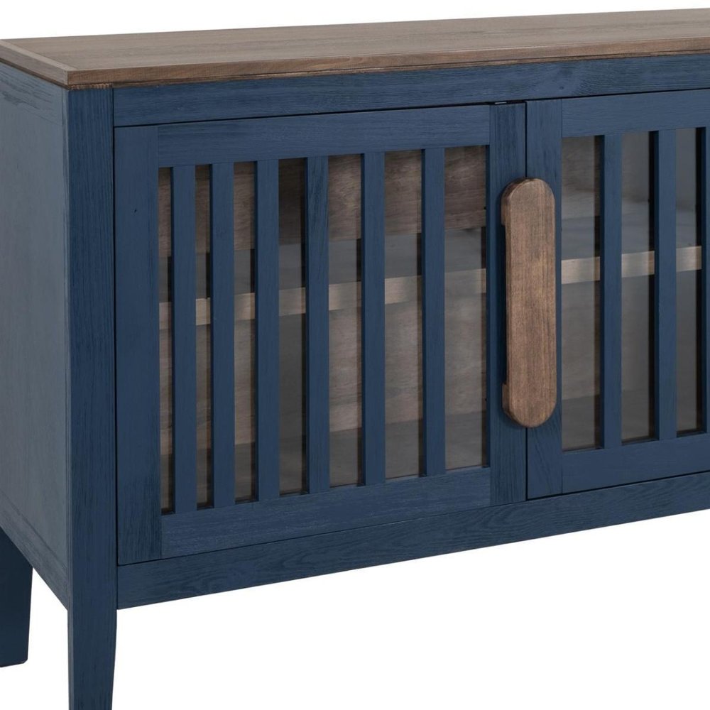 54" Blue And Brown Distressed Wood Sideboard With Two Glass Doors — view 8