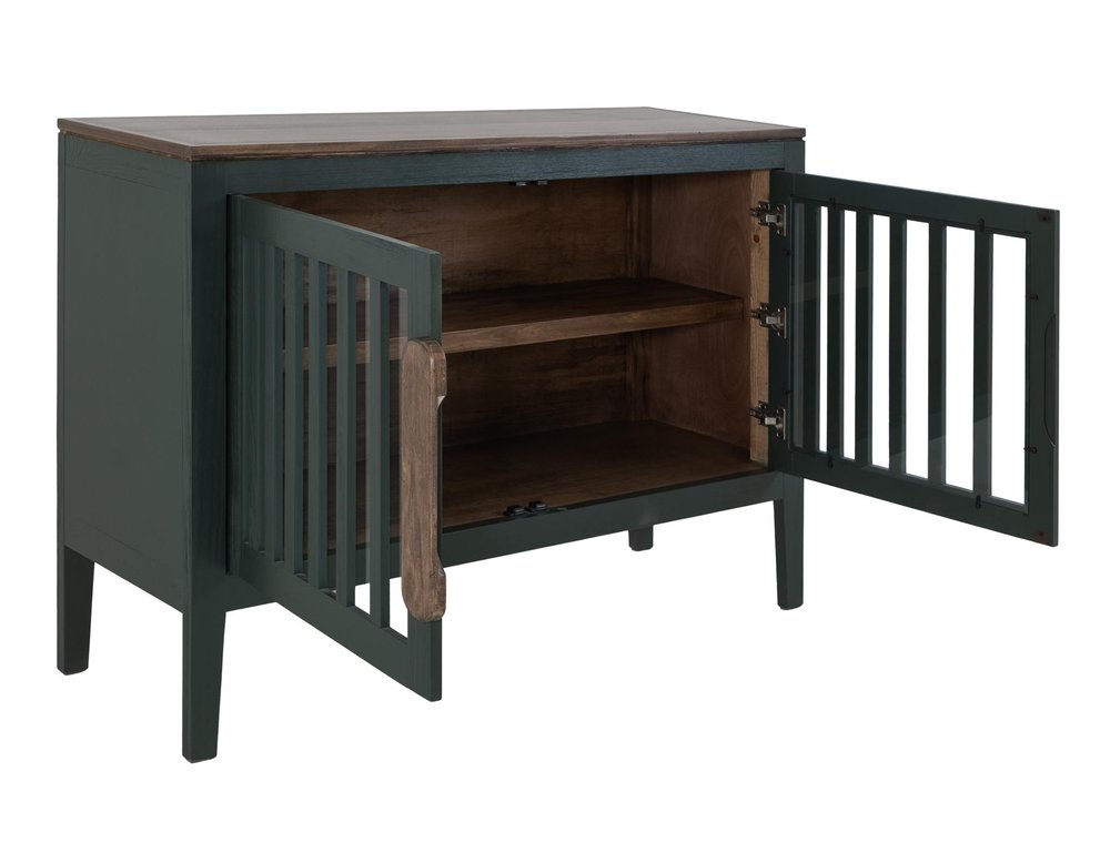 54" Blue And Brown Distressed Wood Sideboard With Two Glass Doors HomeRoots