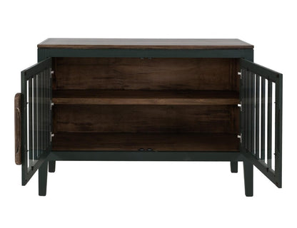 54" Blue And Brown Distressed Wood Sideboard With Two Glass Doors HomeRoots