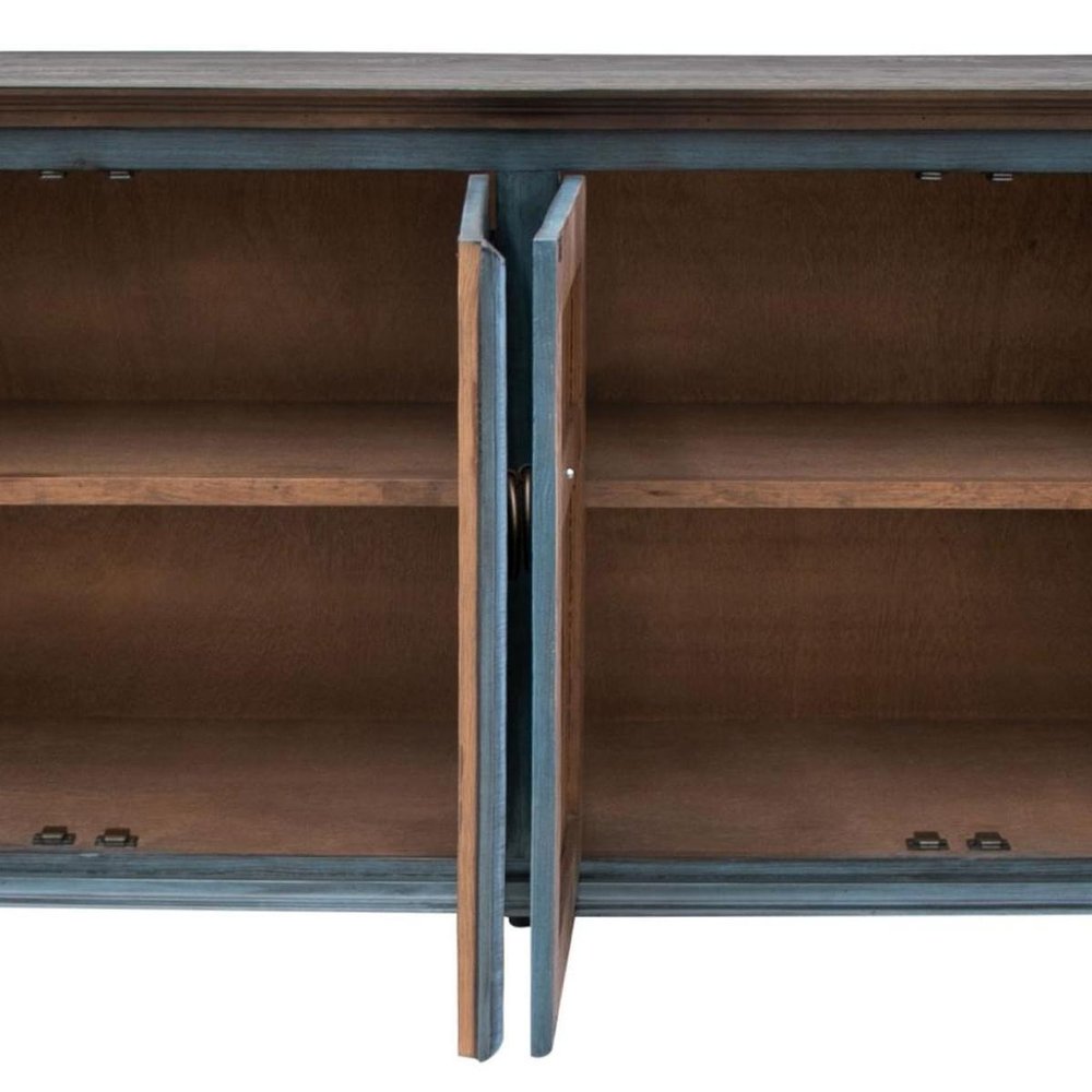 74" Light Blue Sky Blue And Brown Distressed Wood Sideboard With Four Doors HomeRoots