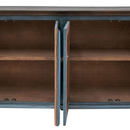 74" Light Blue Sky Blue And Brown Distressed Wood Sideboard With Four Doors HomeRoots