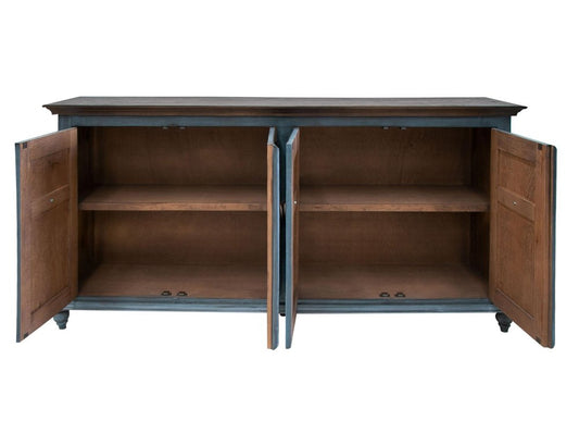 74" Light Blue Sky Blue And Brown Distressed Wood Sideboard With Four Doors