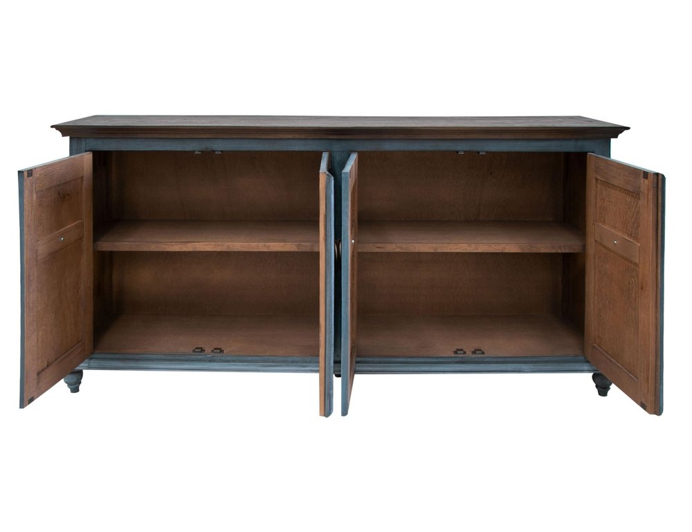 74" Light Blue Sky Blue And Brown Distressed Wood Sideboard With Four Doors — view 1