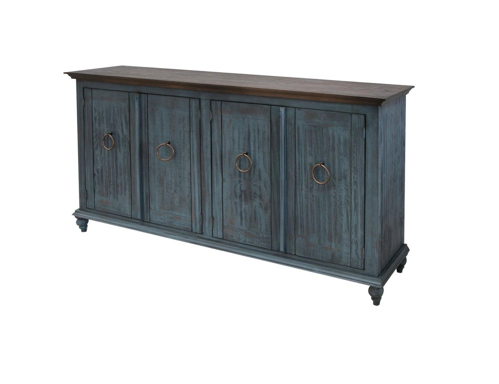 74" Light Blue Sky Blue And Brown Distressed Wood Sideboard With Four Doors — view 2