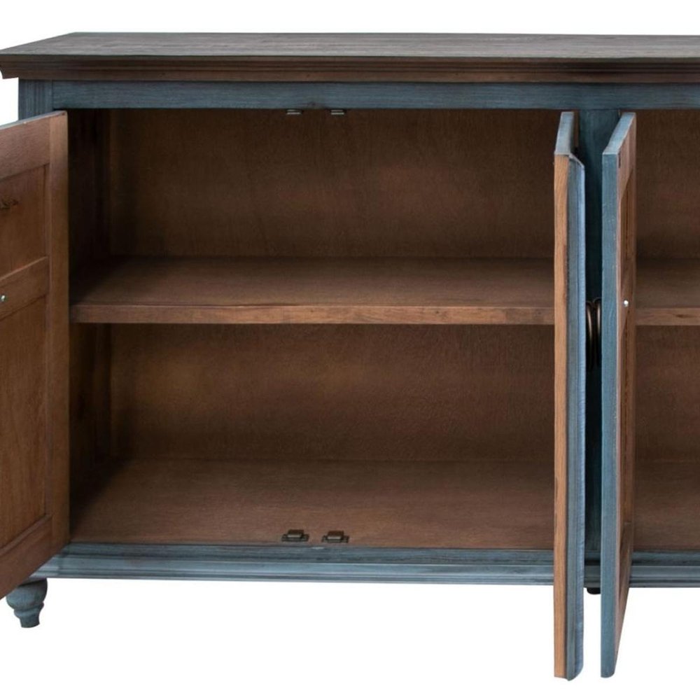 74" Light Blue Sky Blue And Brown Distressed Wood Sideboard With Four Doors HomeRoots