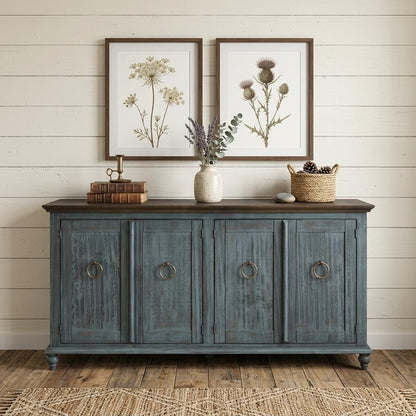 74" Light Blue Sky Blue And Brown Distressed Wood Sideboard With Four Doors HomeRoots