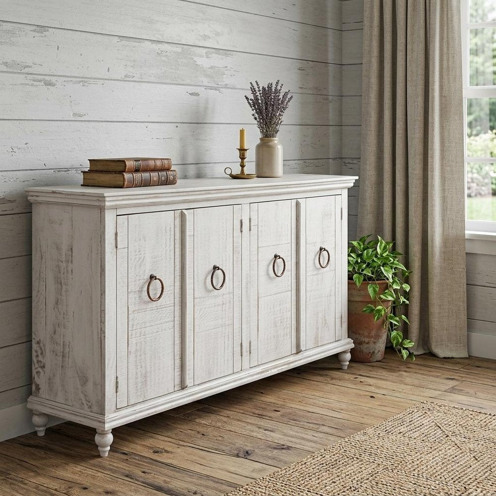 74" Ivory Distressed Wood Sideboard With Four Doors HomeRoots
