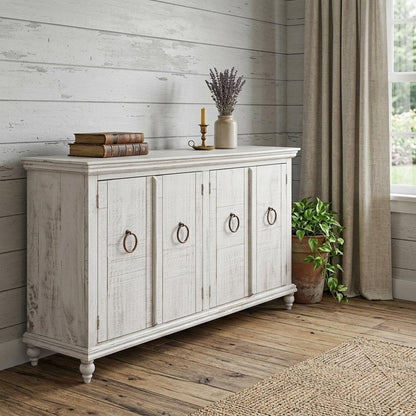 74" Ivory Distressed Wood Sideboard With Four Doors HomeRoots