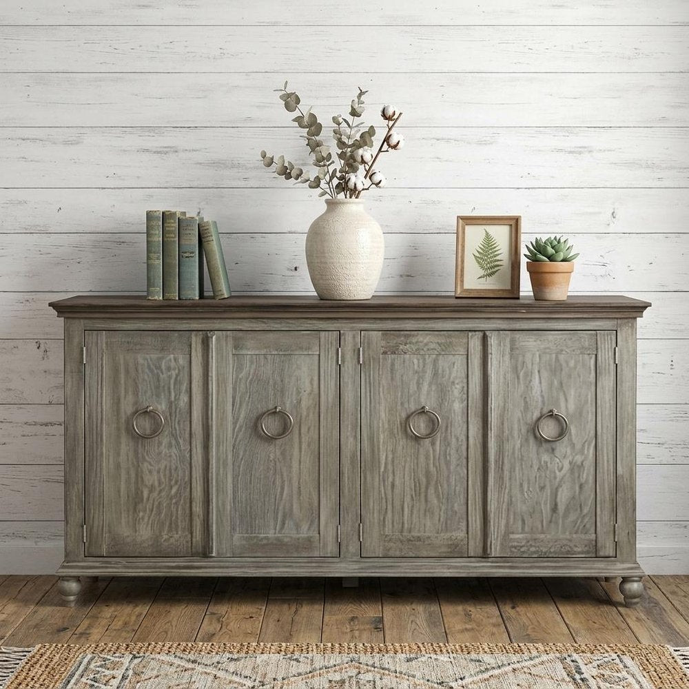74" Olive Green Distressed Wood Sideboard With Four Doors HomeRoots