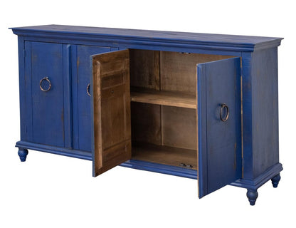 74" Blue And Dark Blue Distressed Wood Sideboard With Four Doors HomeRoots