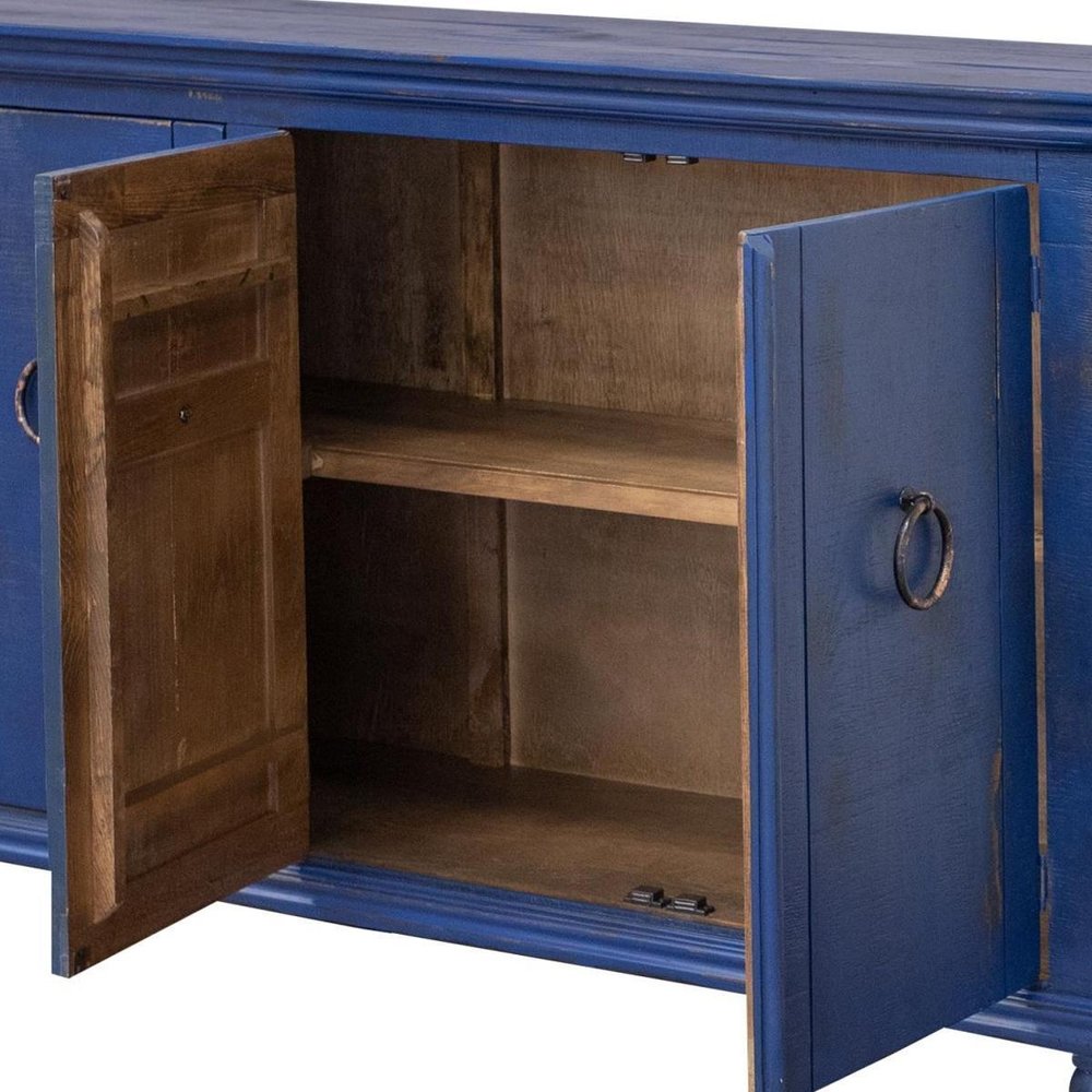 74" Blue And Dark Blue Distressed Wood Sideboard With Four Doors — view 4