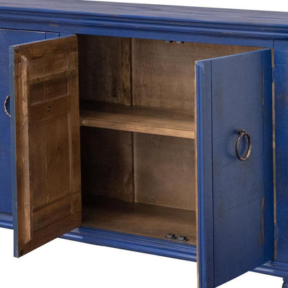 74" Blue And Dark Blue Distressed Wood Sideboard With Four Doors HomeRoots