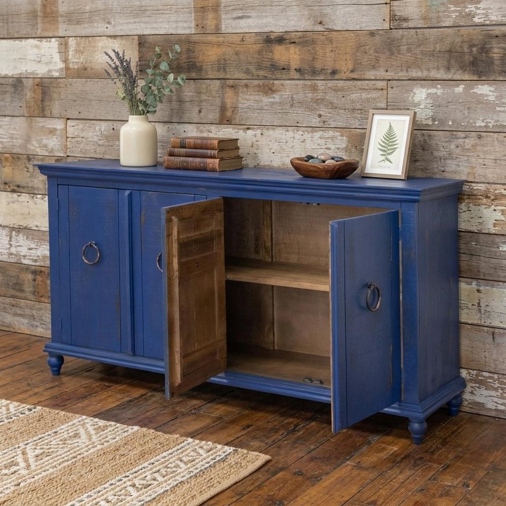 74" Blue And Dark Blue Distressed Wood Sideboard With Four Doors HomeRoots