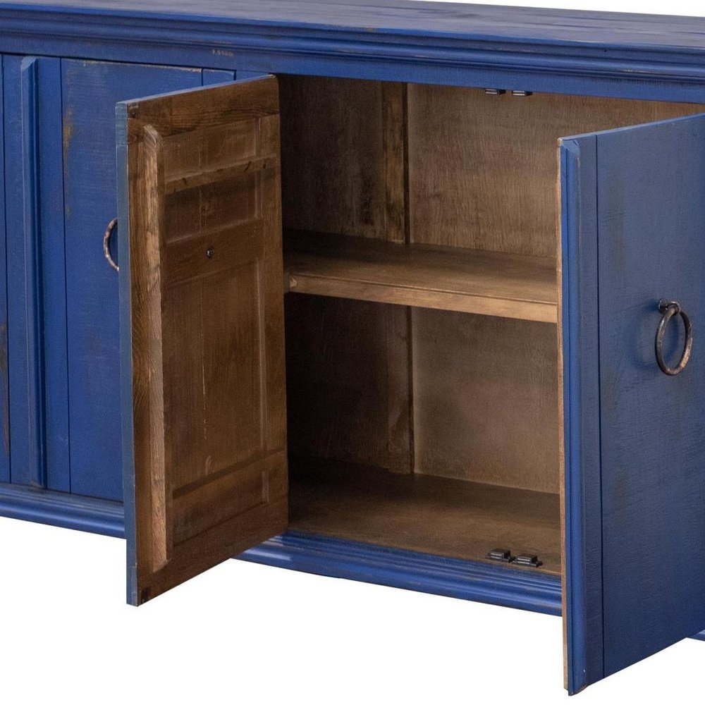 74" Blue And Dark Blue Distressed Wood Sideboard With Four Doors — view 6