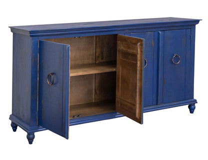 74" Blue And Dark Blue Distressed Wood Sideboard With Four Doors HomeRoots