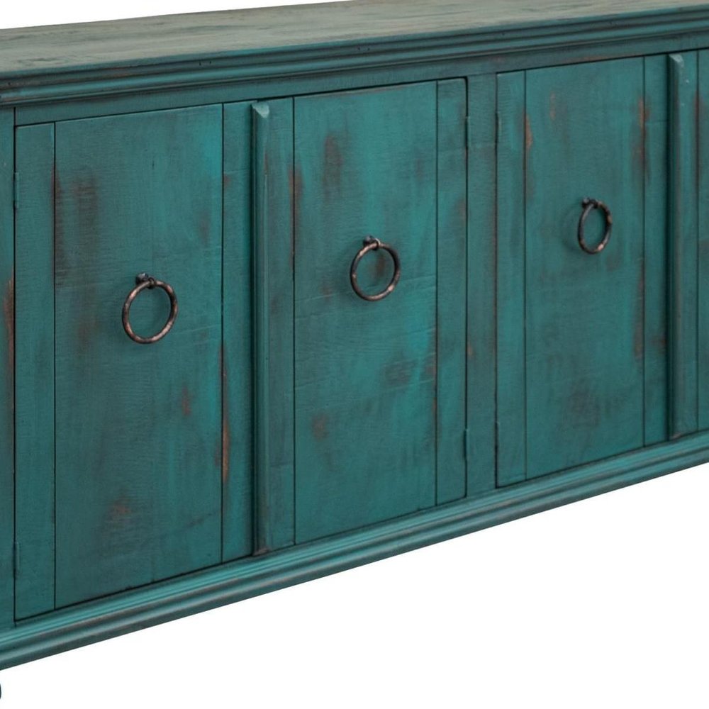 74" Green Distressed Wood Sideboard With Four Doors HomeRoots