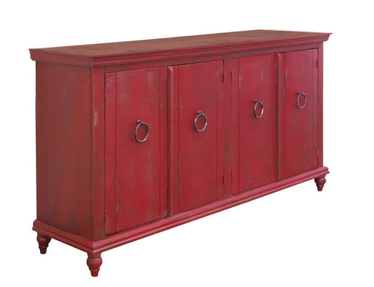 74" Red Distressed Wood Sideboard With Four Doors