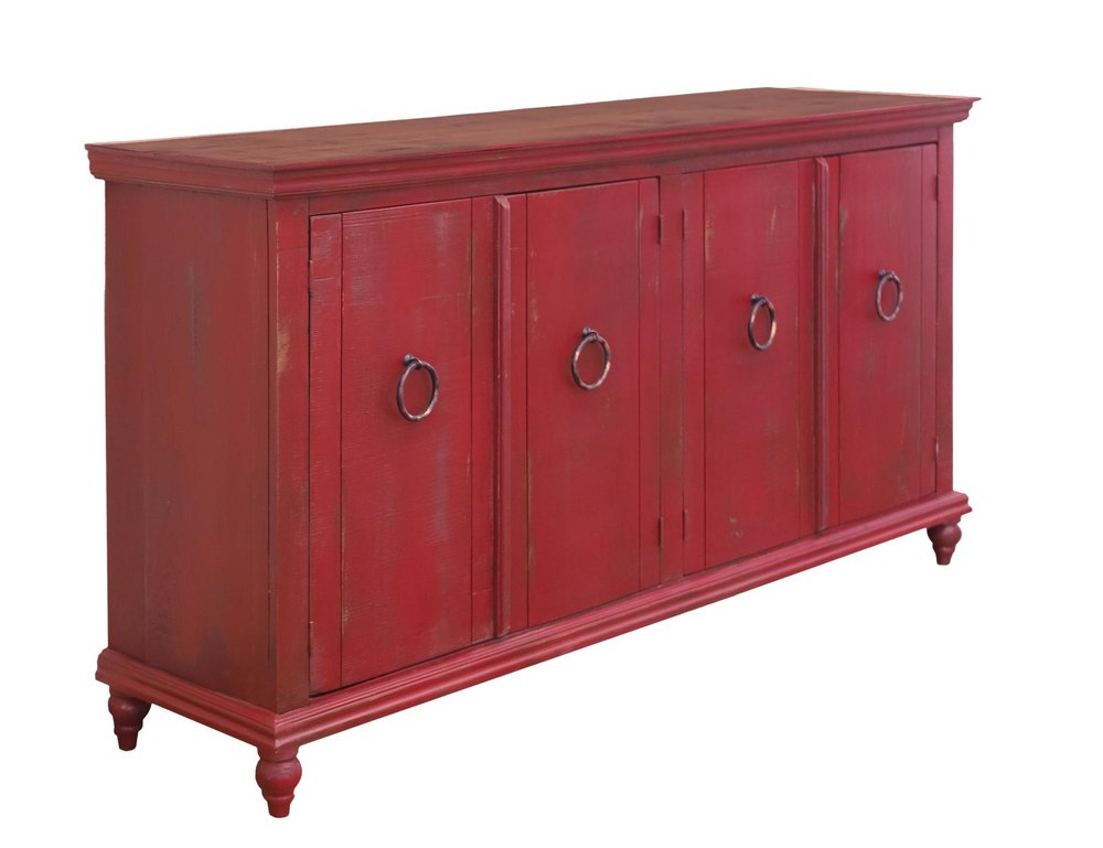 74" Red Distressed Wood Sideboard With Four Doors — view 1