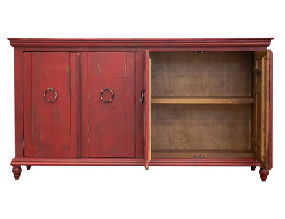 74" Red Distressed Wood Sideboard With Four Doors HomeRoots