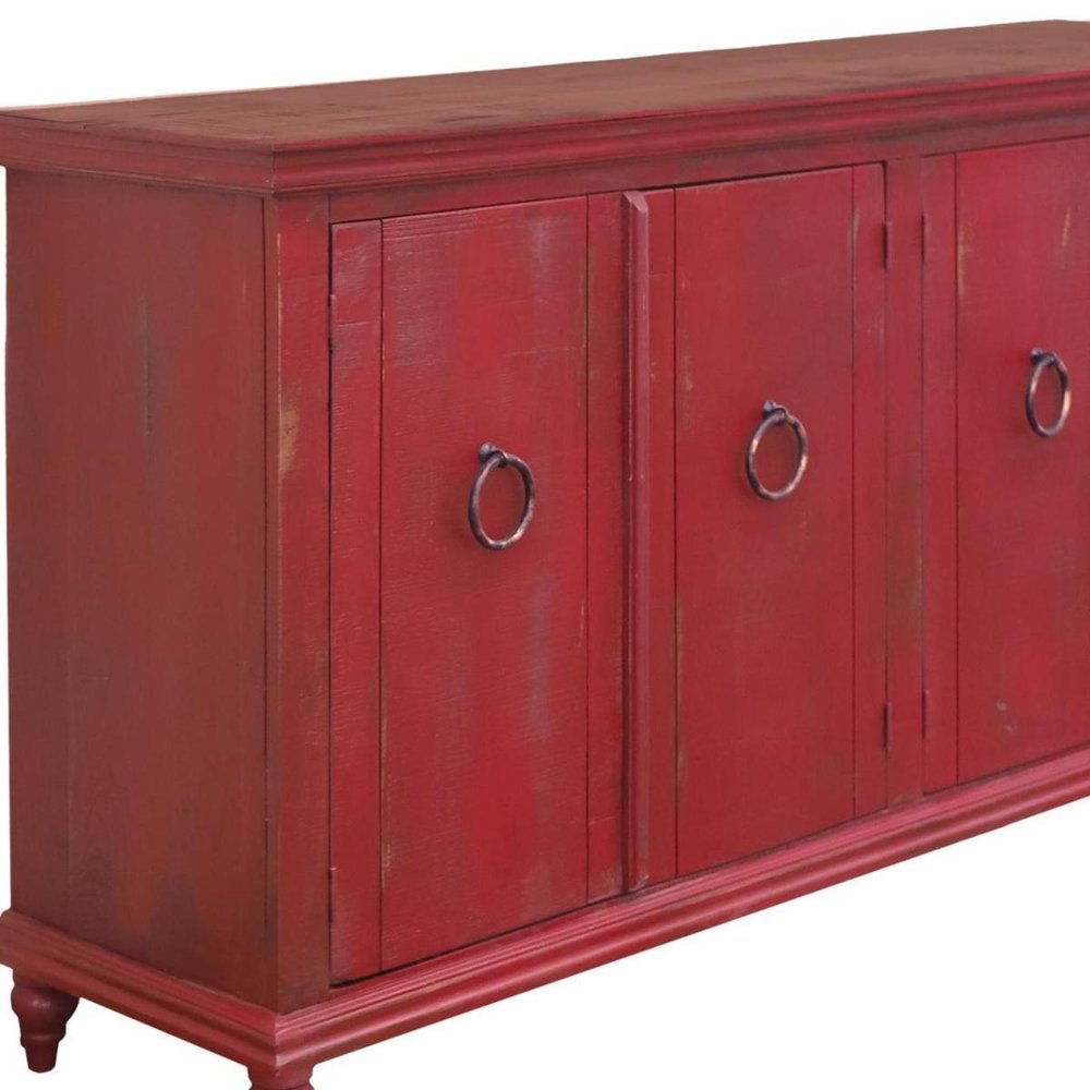 74" Red Distressed Wood Sideboard With Four Doors — view 5