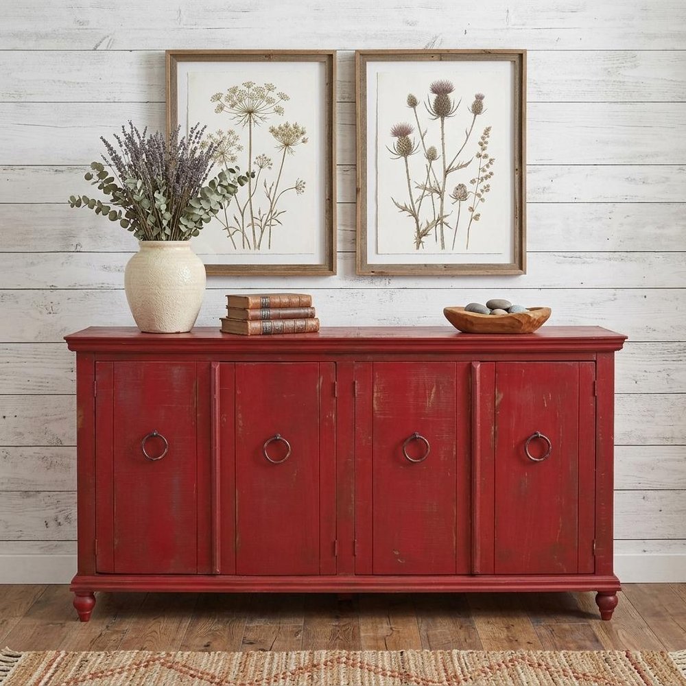 74" Red Distressed Wood Sideboard With Four Doors — view 6