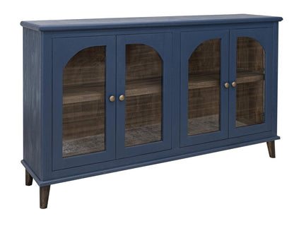 71" Dark Blue Distressed Wood Sideboard With Four Glass Doors HomeRoots