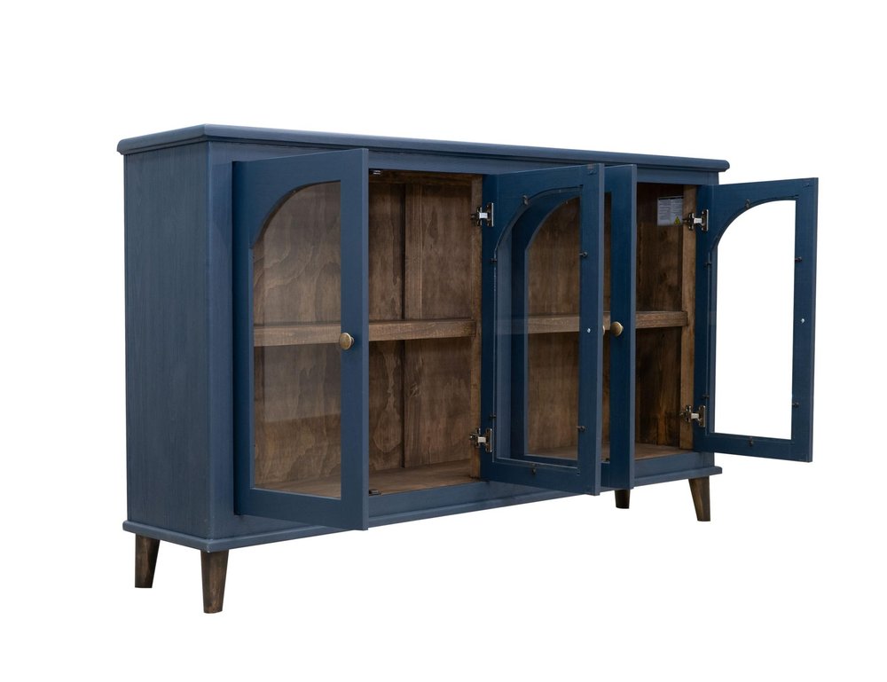 71" Dark Blue Distressed Wood Sideboard With Four Glass Doors HomeRoots