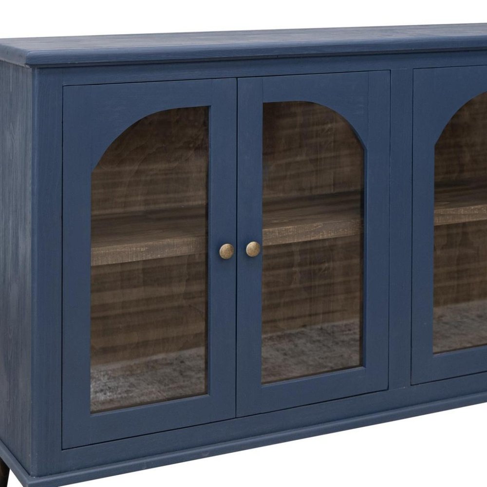 71" Dark Blue Distressed Wood Sideboard With Four Glass Doors HomeRoots