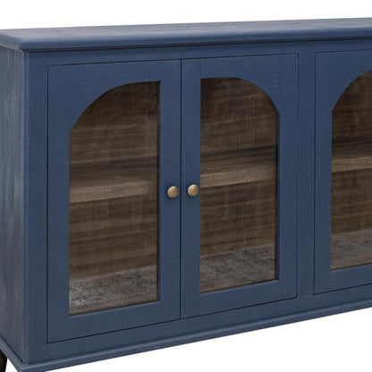 71" Dark Blue Distressed Wood Sideboard With Four Glass Doors HomeRoots