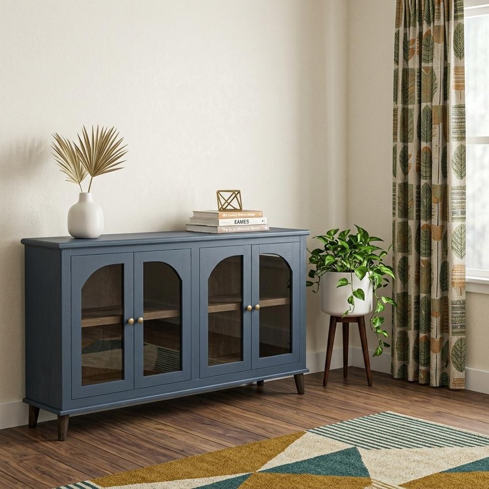 71" Dark Blue Distressed Wood Sideboard With Four Glass Doors HomeRoots