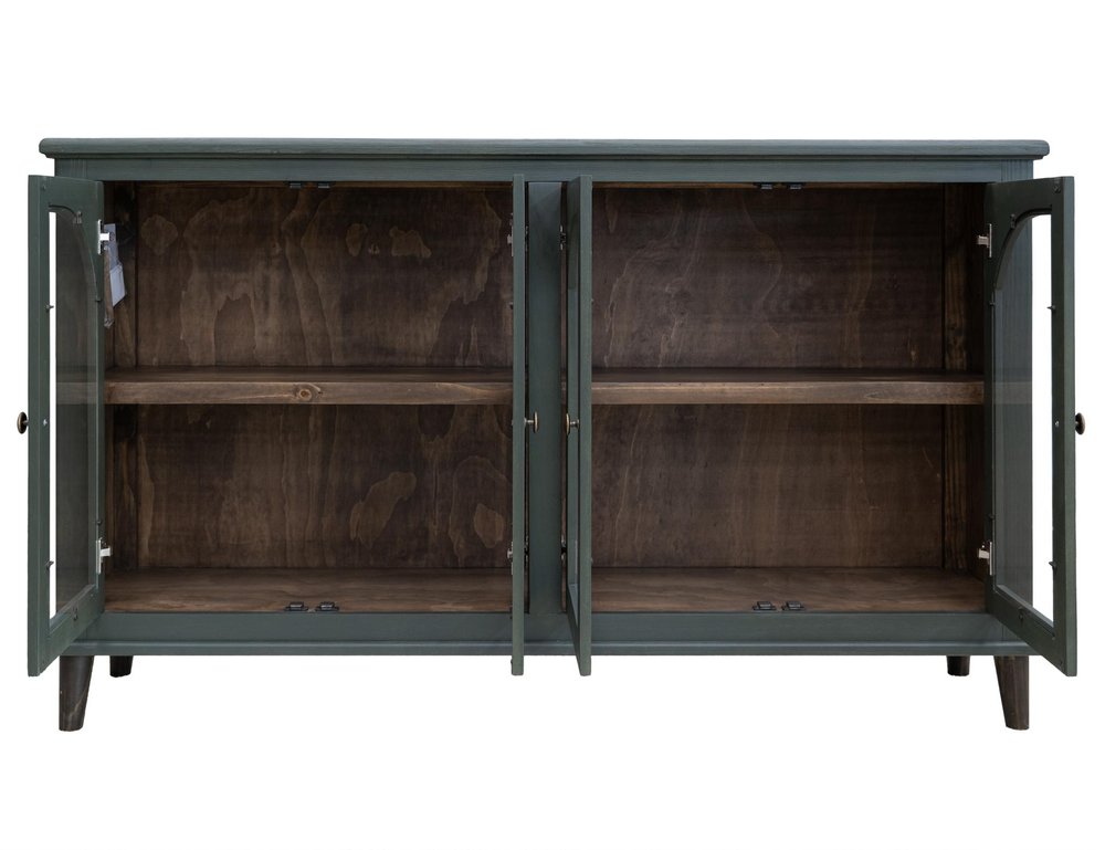 71" Green Distressed Wood And Glass Sideboard With Four Glass Doors HomeRoots