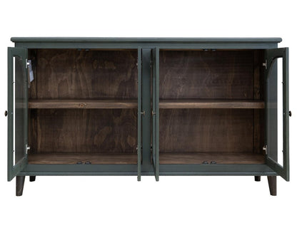 71" Green Distressed Wood And Glass Sideboard With Four Glass Doors HomeRoots