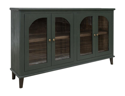 71" Green Distressed Wood And Glass Sideboard With Four Glass Doors HomeRoots
