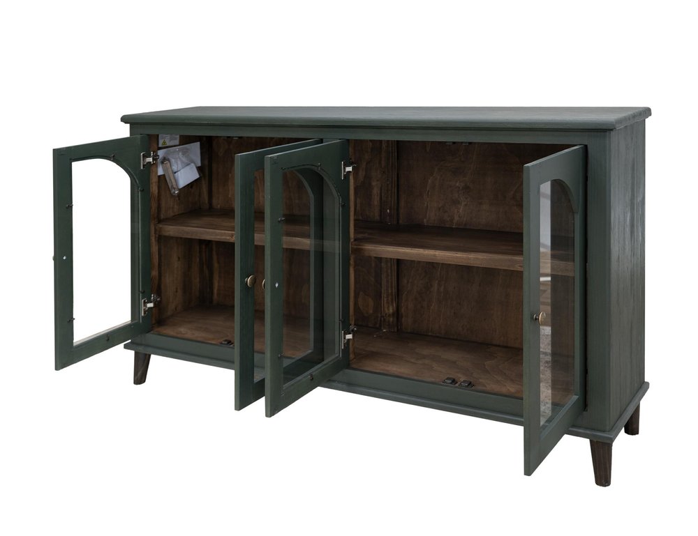 71" Green Distressed Wood And Glass Sideboard With Four Glass Doors HomeRoots