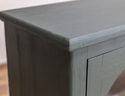 71" Green Distressed Wood And Glass Sideboard With Four Glass Doors HomeRoots