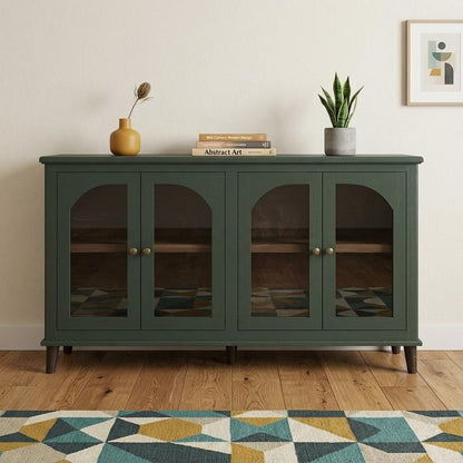 71" Green Distressed Wood And Glass Sideboard With Four Glass Doors HomeRoots