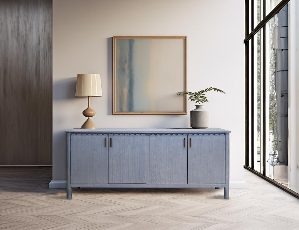 76" Light Blue Distressed Wood Credenza With Four Doors — view 4