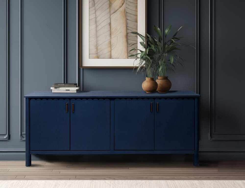 76" Dark Blue Distressed Wood Sideboard With Four Doors HomeRoots