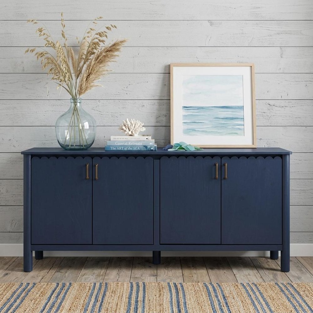 76" Dark Blue Distressed Wood Sideboard With Four Doors HomeRoots