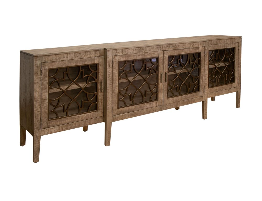 107" Brown Distressed Wood Sideboard With Four Glass Doors HomeRoots