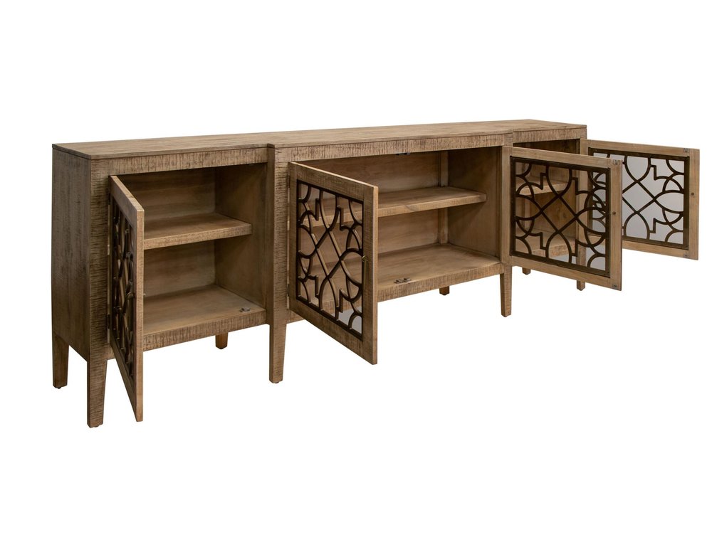 107" Brown Distressed Wood Sideboard With Four Glass Doors HomeRoots