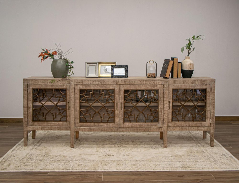 107" Brown Distressed Wood Sideboard With Four Glass Doors — view 3