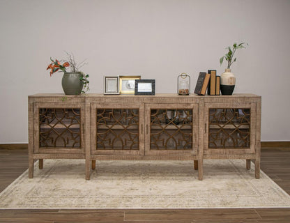 107" Brown Distressed Wood Sideboard With Four Glass Doors