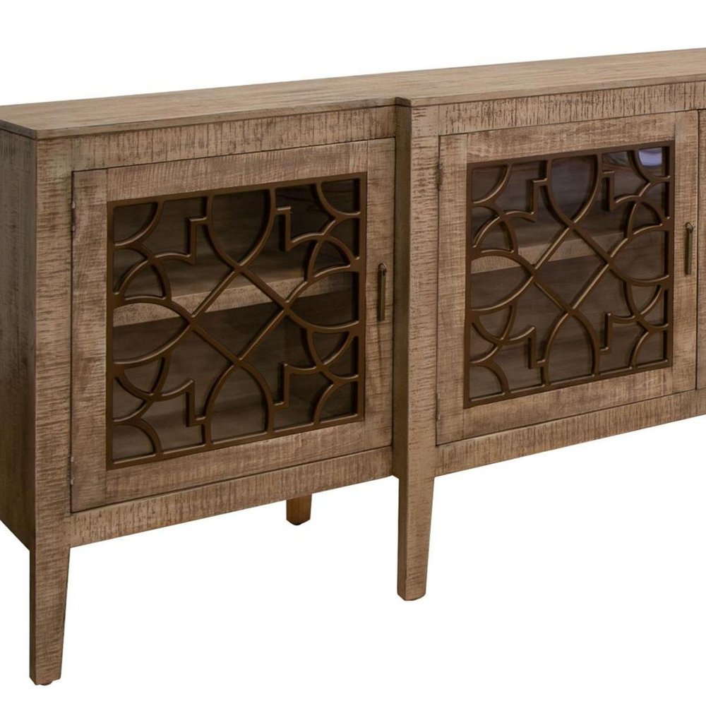 107" Brown Distressed Wood Sideboard With Four Glass Doors HomeRoots