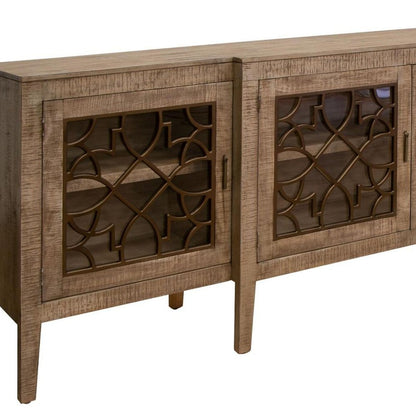 107" Brown Distressed Wood Sideboard With Four Glass Doors HomeRoots