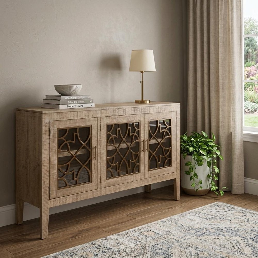 107" Brown Distressed Wood Sideboard With Four Glass Doors — view 9